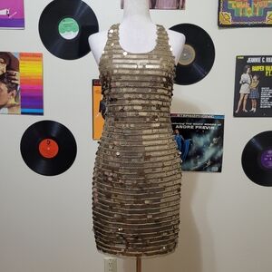 BCBGMAXAZRIA | Iman Bronze Silk Paillette Halter Dress